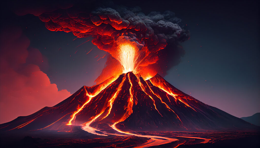 Erupting mountain spews fiery ash into the sky generated by AI
